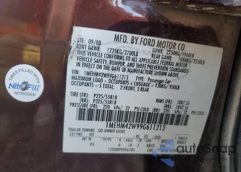 2009 Mercury Sable Premier from USA, damaged, VIN 1MEHM42W99G611213